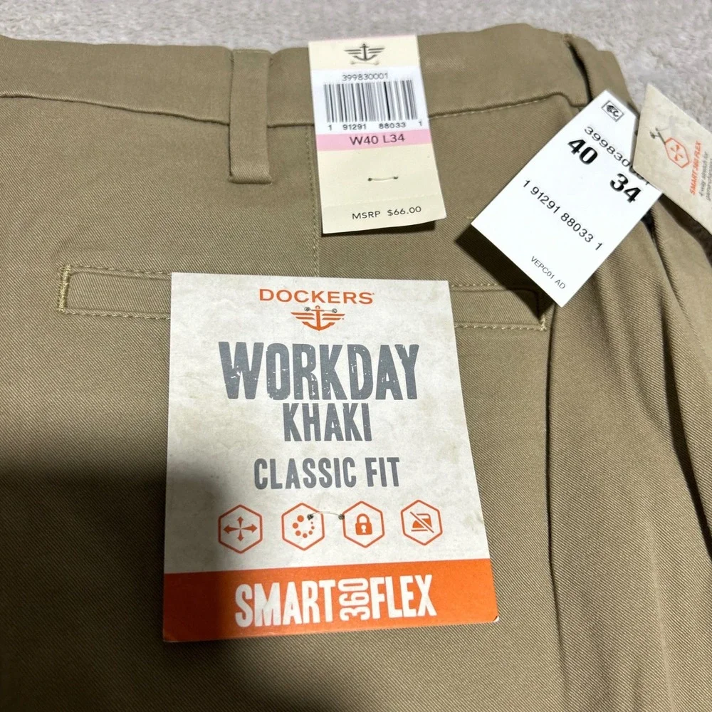 New NWT Dockers Workday Khaki Mens 40 34 Tan Smart 360 Flex Classic Fit Pants